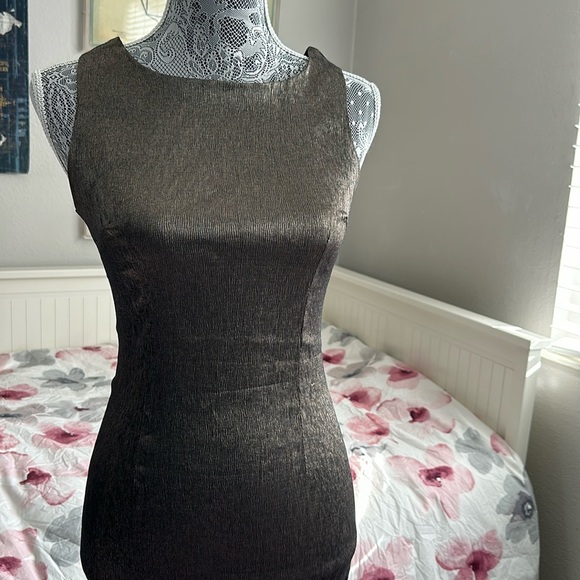 Vintage Pandora U.S.A. Metallic Bronze Gold Stretch High Neck Party Event Dress - Picture 1 of 6